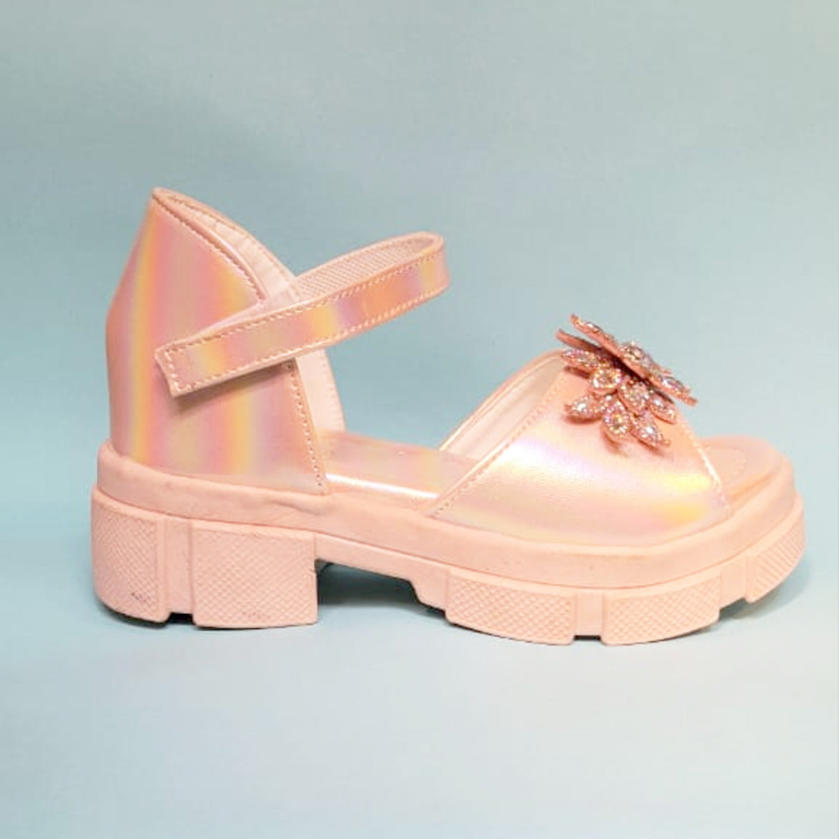 Girls Peach Rainbow Reflection Flower Broach Formal Sandal