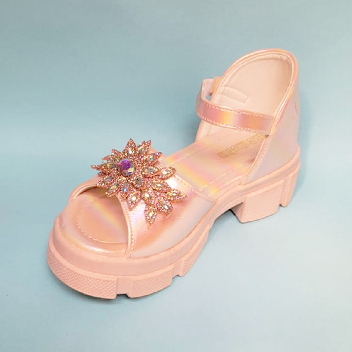 Girls Peach Rainbow Reflection Flower Broach Formal Sandal
