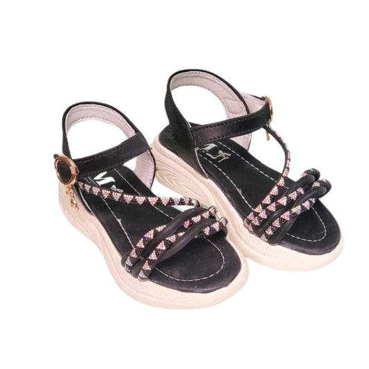 Girl Black Sandal with Stone Working