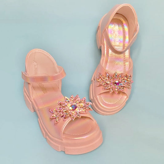 Girls Peach Rainbow Reflection Flower Broach Formal Sandal